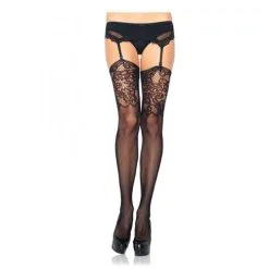 Leg Avenue - Jarretel Kousen Met Luxe Kanten Top - Zwart