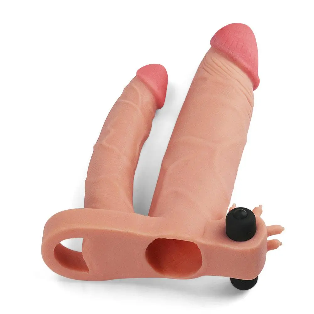 Lovetoy - Pleasure X-tender Vibrerende Dubbele Penis Sleeve 18 En 14 Cm - Lichte Huidskleur 7 Lovetoy - Pleasure X-tender Vibrerende Dubbele Penis Sleeve 18 En 14 Cm - Lichte Huidskleur - Afbeelding 5