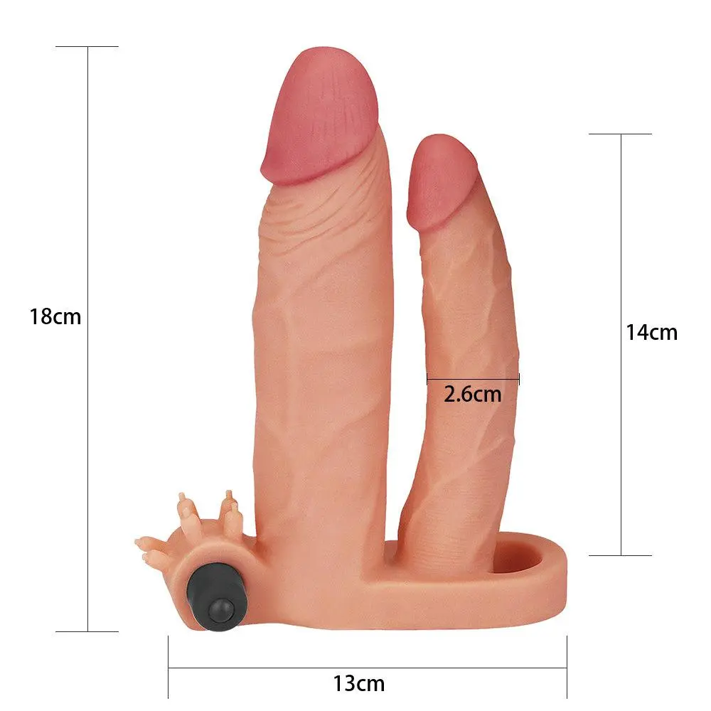 Lovetoy - Pleasure X-tender Vibrerende Dubbele Penis Sleeve 18 En 14 Cm - Lichte Huidskleur 8 Lovetoy - Pleasure X-tender Vibrerende Dubbele Penis Sleeve 18 En 14 Cm - Lichte Huidskleur - Afbeelding 6