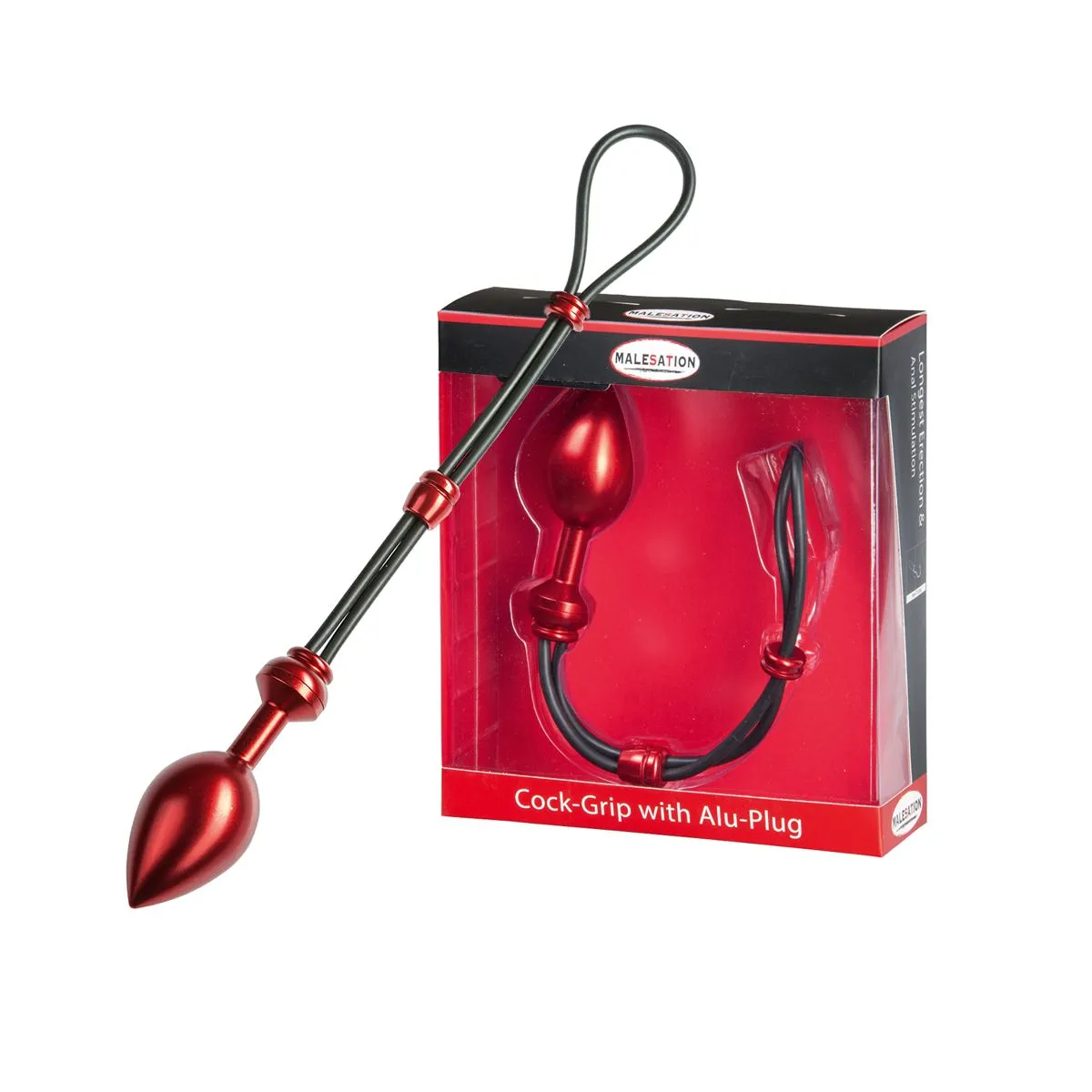 Malesation Cock-Grip Aluminium Anaal Plug Met Elastische Rubberen Cockring - Rood - Large 4 Malesation Cock-Grip Aluminium Anaal Plug Met Elastische Rubberen Cockring - Rood - Large - Afbeelding 2