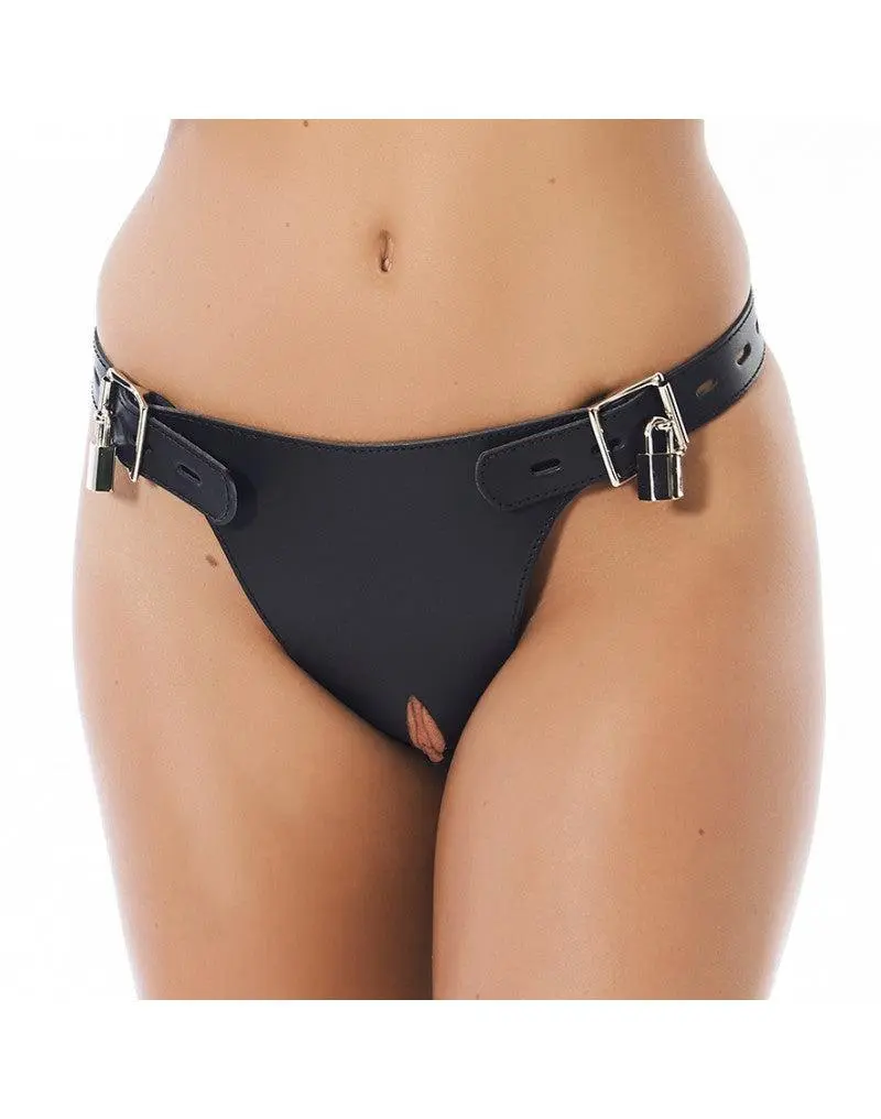 Rimba Bondage Play - Kuisheidsgordel Voor Vrouwen Met Hangsloten En Plasgaatje - Verkrijgbaar In Maten S/M En M/L - Leer - Zwart 3 Rimba Bondage Play - Kuisheidsgordel Voor Vrouwen Met Hangsloten En Plasgaatje - Verkrijgbaar In Maten S/M En M/L - Leer - Zwart