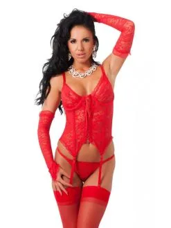 Amorable By Rimba Rood Kanten Corset Met String, Handschoenen En Kousen